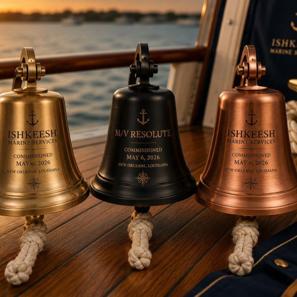 Engraved ship's bell in brass finish — Ishkeesh Marine Services vessel commissioning gift