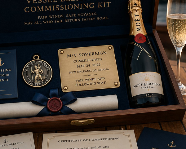 Vessel Commissioning Kit open box showing M/V Sovereign commissioning plaque, saint christopher medallion, and blessing booklet